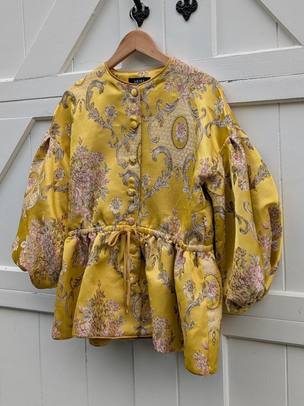 AKIRA Yellow Floral Brocade Jacquard Cinch-Waist Puff Sleeve Jacket Top